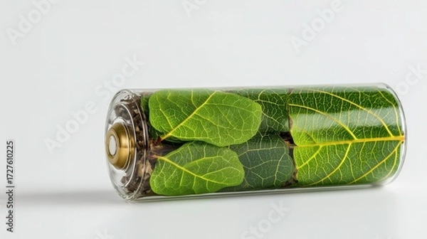 Fototapeta Eco-friendly battery filled with leaves representing renewable energy  