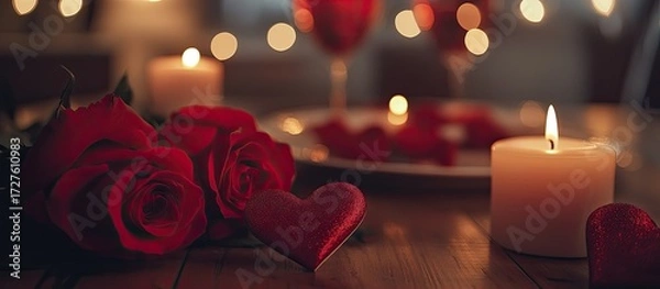 Obraz Romantic Dinner Setting with Red Roses, Candles, and Heart Decor