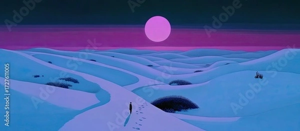 Obraz Solitary Figure in Surreal Desert Landscape Under a Pink Moon