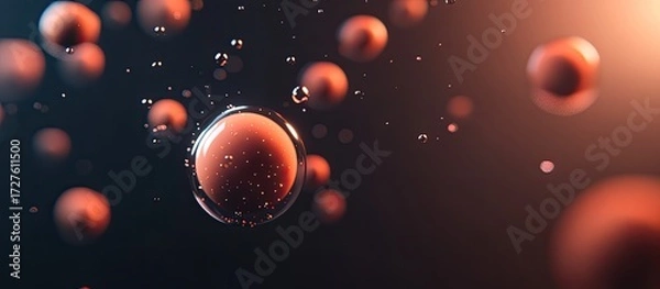 Obraz Dynamic Abstract Spheres and Bubbles with Glowing Particles, Warm Light, and Bokeh Effect on Dark Background