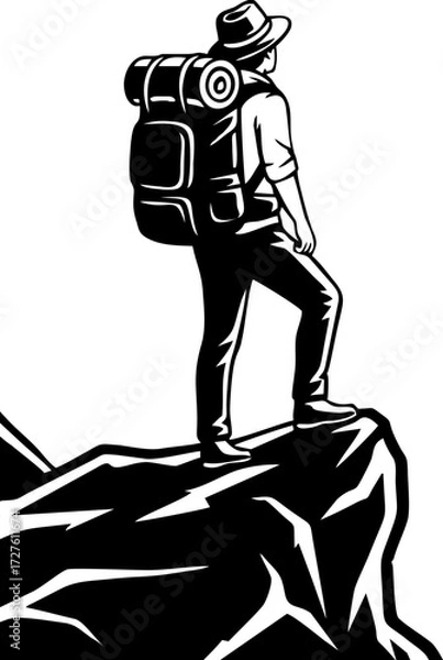 Fototapeta Silhouette of a hiker standing on cliff edge