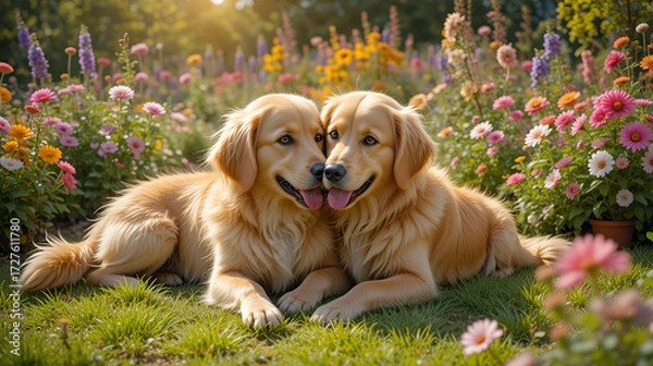 Fototapeta Two golden retrievers enjoy cuddling and playing in a vibrant garden while soaking up the sun on a pleasant afternoon