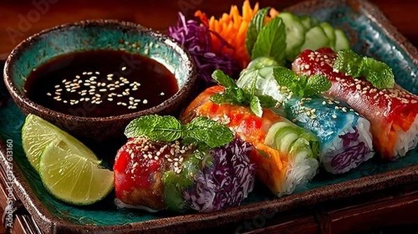 Fototapeta Fresh vegetable rice paper rolls with dip high resolution picture