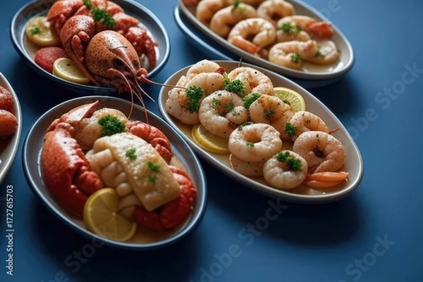 Fototapeta Shrimps with lemon and parsley on a plate
