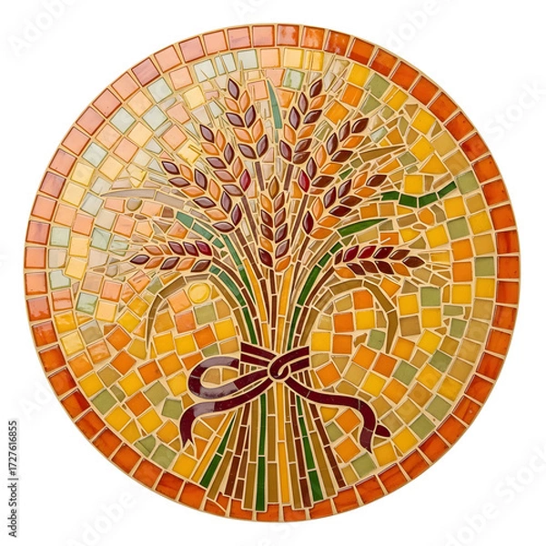 Fototapeta Circular stained glass mosaic featuring a tied sheaf of golden wheat with a red ribbon on a warm autumn background
