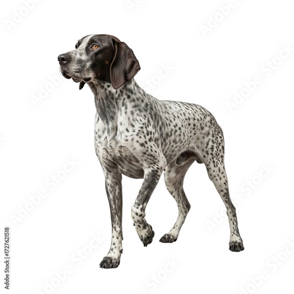 Fototapeta A handsome spotted pointer dog stands alertly showing off its coat pattern and breed characteristics ready for activity