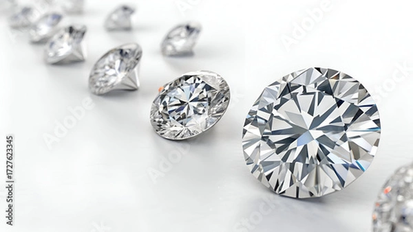Fototapeta Various cut diamonds laying on white background along the corner of the image. Close-up view, 3D rendering illustration