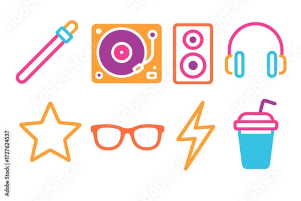 Fototapeta Neon Rave Icons. Rave vibes in modern flat vector : glow stick, DJ turntable, speaker, headphones, neon star, sunglasses, lightning bolt, drink cup.