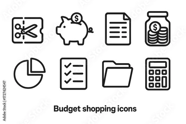 Fototapeta Budgeting Icon Set. Budget shopping icons in outline style: coupon clip, piggy bank, budget sheet, coin jar, pie chart, checklist, folder, calculator