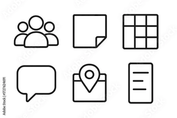 Fototapeta Teamwork Icon Set. Team board icons in outline style: group of people, sticky note, board grid, chat bubble, calendar marker, task column