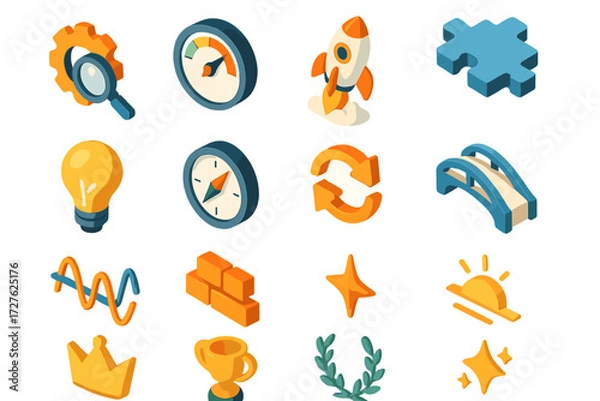 Fototapeta Isometric Optimization Icons. Optimization themes set icons in modern isometric flat : gear with magnifier, speedometer, rocket launch, puzzle piece,