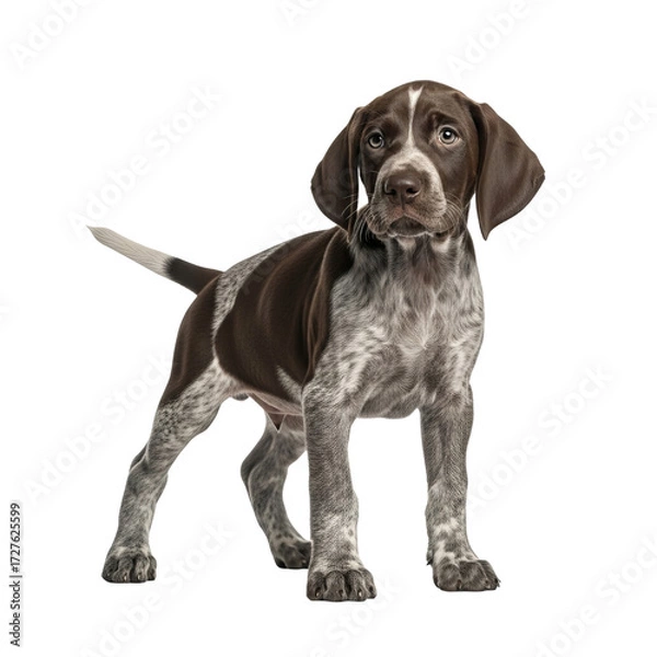 Fototapeta Adorable german shorthaired pointer puppy with brown and white markings standing alert and looking into the camera with its tail held high