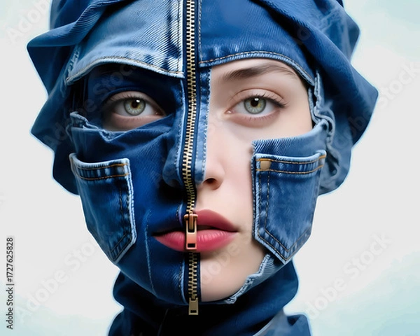 Fototapeta Surreal fashion portrait of a woman wearing a denim mask with zippers partially opened to reveal her face, symbolizing creativity, mystery, and avant-garde style.