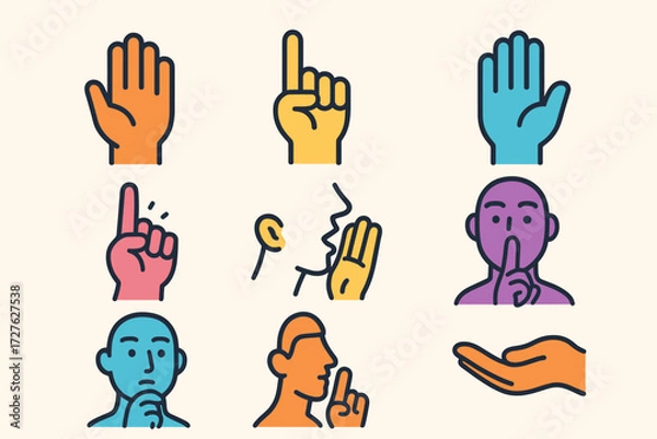 Fototapeta Expressive Hand Gestures. Gestures in modern flat vector : hand raised, finger pointing upward, open palm forward, finger wagging, hand cupped near