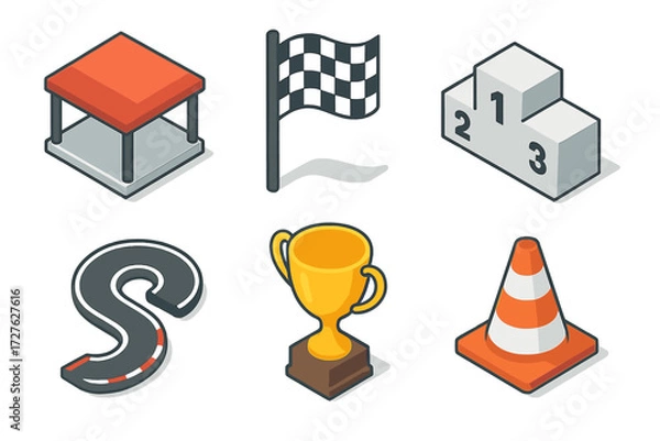 Fototapeta Motorsport Icons Collection. Motorsport icons set icons in modern isometric flat : paddock area, checkered flag, podium, trophy, track curve, cone