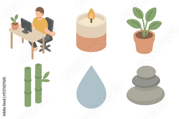 Fototapeta Mindful Office Icons. Mindful office set icons in modern isometric flat : meditation pose at desk, scented candle, plant pot, bamboo, water droplet,
