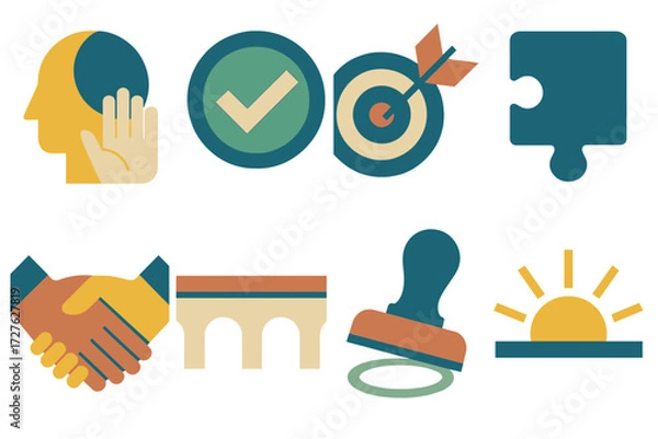 Fototapeta Problem Solved Icons. Problem solved set of icons in abstract flat : relief, checkmark, target dart, puzzle piece, handshake, bridge, approval stamp,