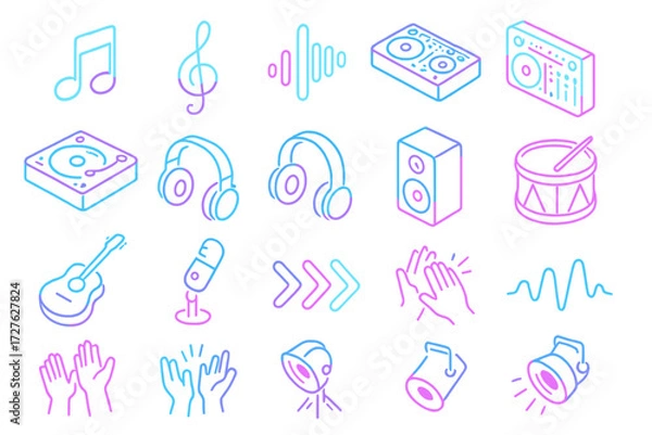 Fototapeta Isometric Music Icons. Music & rhythm set icons in modern isometric flat : music note, treble clef, sound wave, DJ booth, turntable, headphones,