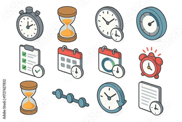 Fototapeta Isometric Time Icons. Basic task duration set icons in modern isometric flat : stopwatch, hourglass, wall clock, timer dial, checklist with clock,