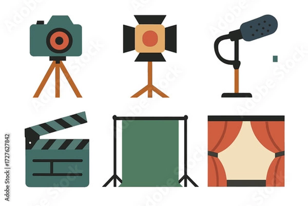 Fototapeta Studio Equipment Icons. Studio setup set of icons in abstract flat : camera tripod, light rig, boom mic, green screen, clapboard, stage curtain