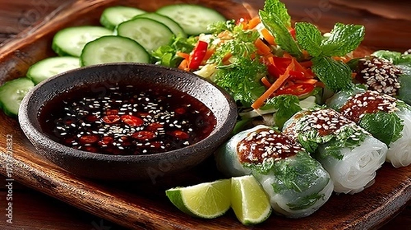 Fototapeta Traditional Vietnamese spring rolls with fresh herbs high resolution picture