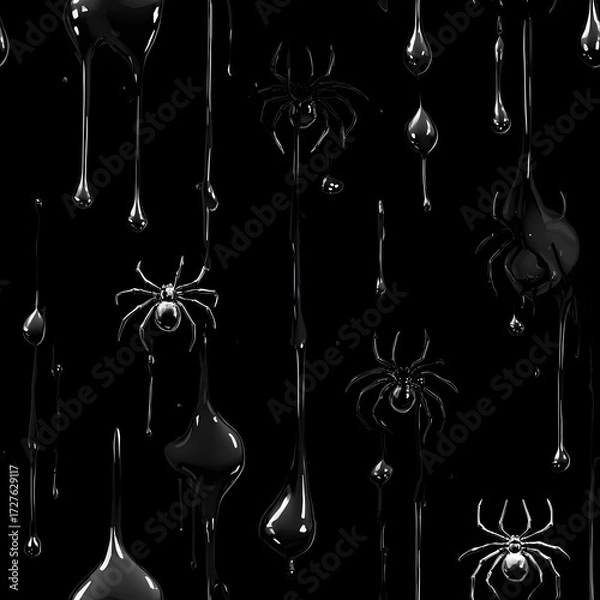 Fototapeta Seamless spooky pattern of spiders with dripping black goo horror Halloween background
