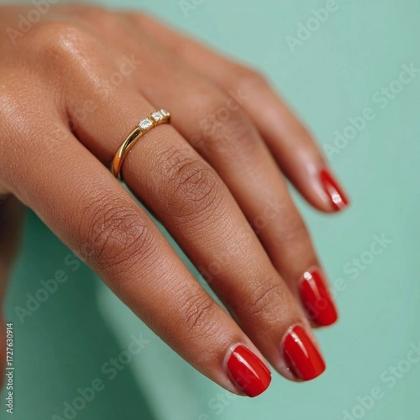Fototapeta Elegant hand with red nails displaying a gold ring adorned with three diamonds against a turquoise background for a modern aesthetic