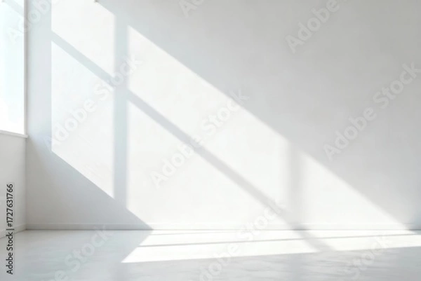 Fototapeta Minimalist white room with sunlight and window shadows