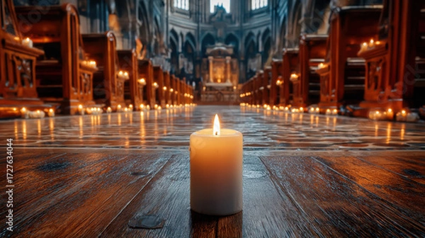 Fototapeta A single candle flickers in a vast empty hall, its warm glow echoing against endless stone walls, shadows stretching into silence, creating a scene of solitude, mystery, and quiet reverence.