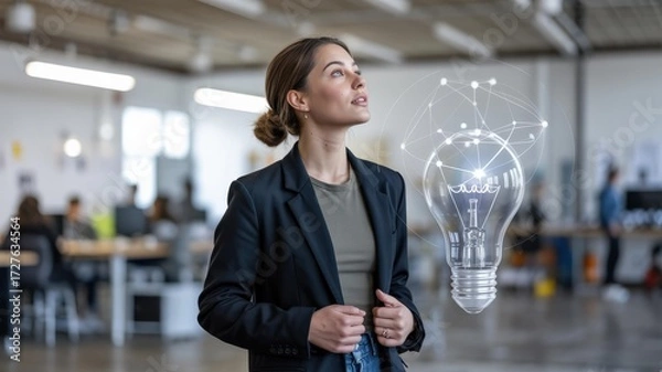 Fototapeta Young Caucasian businesswoman (20s), female founder in black blazer with holographic lightbulb network overlay — modern open‑plan office hero image for startups and women in tech