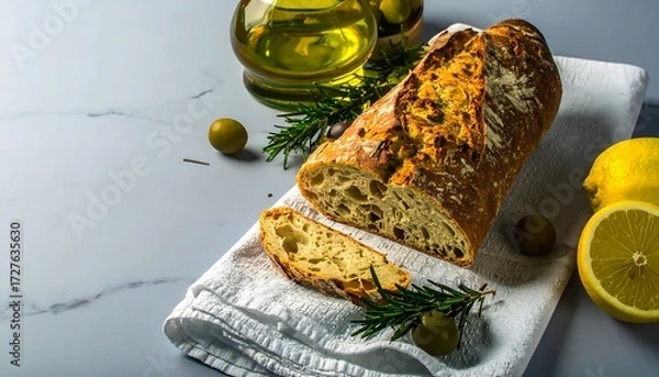 Obraz Fresh bread on a towel with olive oil, olives, lemons, and rosemary sprigs