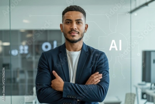 Fototapeta Young Black Business Leader Portrait (20s–30s) in Navy Blazer — AI Circuit Overlay on Glass, Blurred Teal Office — Headshot for AI Consulting & Enterprise Strategy