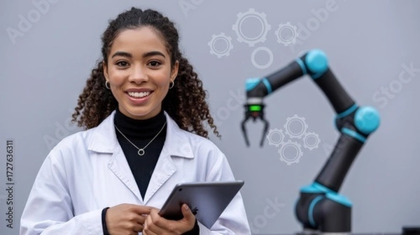 Fototapeta Young Female Robotics Engineer with Cobot & Tablet — Women in STEM Hero