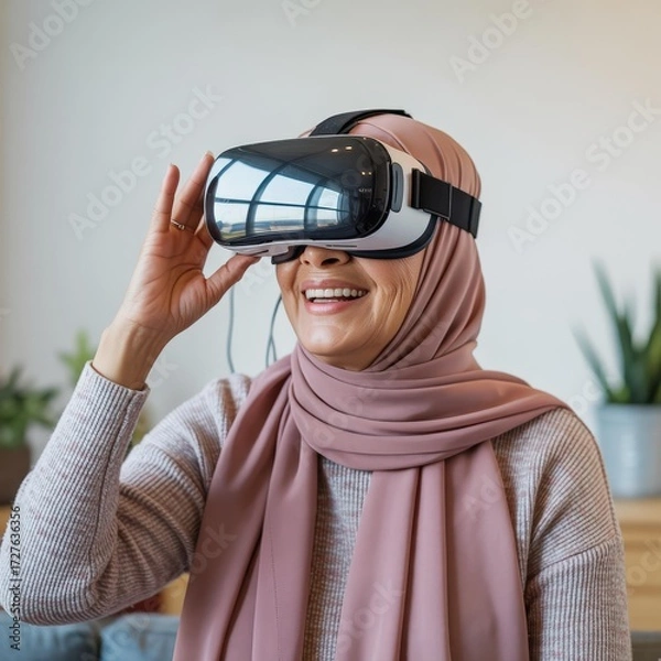 Fototapeta Middle-aged woman in mauve hijab wearing a VR headset, smiling close-up — older adult using virtual reality for telehealth, therapy & digital inclusion