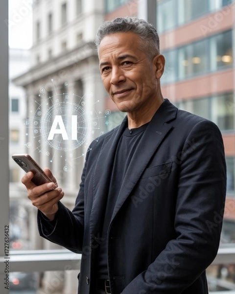 Fototapeta Middle-aged Latino Executive with Smartphone & Blue AI Hologram — Modern Corporate Portrait, Urban Office, C‑Suite AI Strategy Hero Image