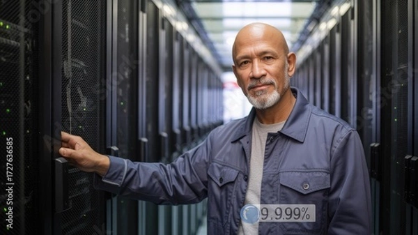 Fototapeta Hispanic IT technician in server room — 99.99% uptime data center hero image