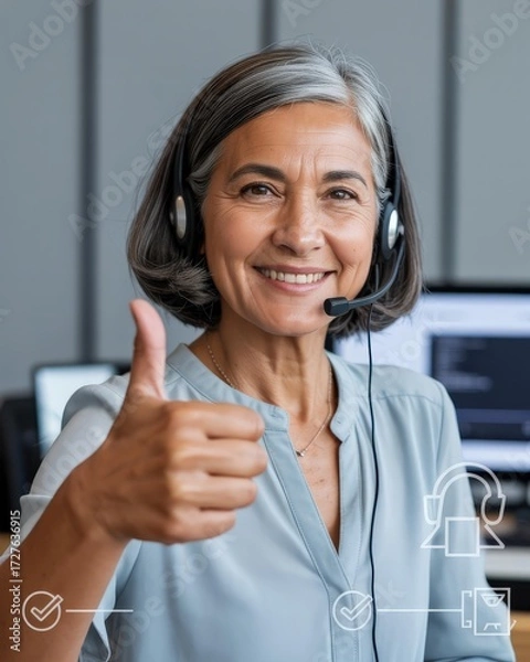 Fototapeta Mature Support Agent with Headset Giving Thumbs Up — Friendly IT Support Portrait