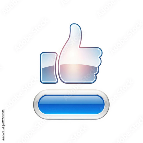 Fototapeta Shiny blue button with a glowing white thumbs up icon isolated on transparent background