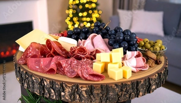 Fototapeta Festive charcuterie board with meats, cheeses, grapes, & olives set near lit Xmas tree