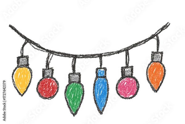 Fototapeta Colorful childish crayon drawing of Christmas lights on a wire in simple loop - Concept of Christmas - holiday - festive - winter - decoration - lighting