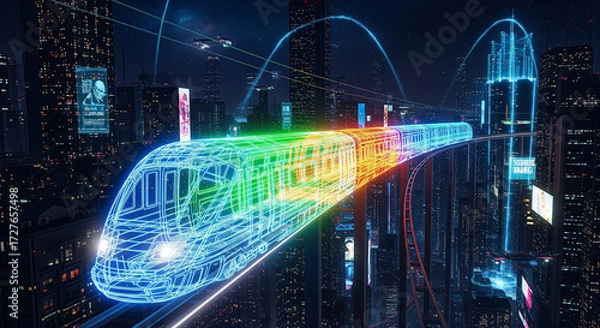 Fototapeta Futuristic Cyberpunk City with Neon Wireframe Train