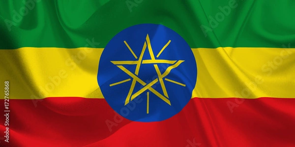 Obraz Waving flag of the Ethiopia. Ethiopian Flag in the Wind. Ethiopian National mark. Waving Ethiopia Flag. Ethiopia Flag Flowing.