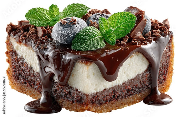 Fototapeta Delicious chocolate cheesecake slice with blueberries and mint looks tempting on transparent background