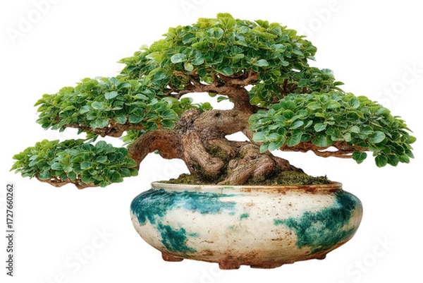 Fototapeta Artistic bonsai tree with lush green leaves in a decorative ceramic pot against a on transparent background