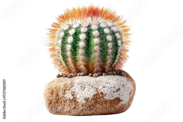 Fototapeta Golden barrel cactus with white spines sits atop a textured rock against a stark on transparent background