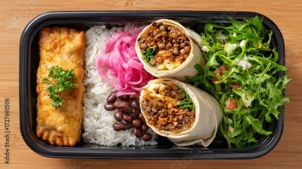 Fototapeta Colorful food tray featuring burritos, rice, beans, salad, and garnishes, showcasing a delicious and vibrant meal presentation with fresh ingredients and appealing textures