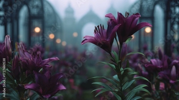 Fototapeta Vibrant purple lilies bloom in a misty garden, surrounded by ornate arches and soft glowing lights, creating a serene and enchanting atmosphere for nature lovers