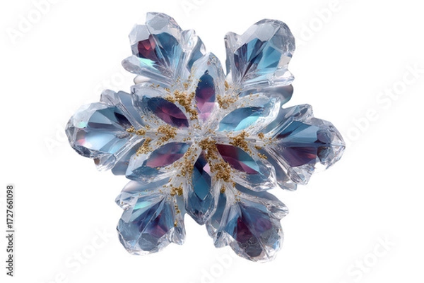 Fototapeta Sparkling crystal snowflake ornament with iridescent colors and gold glitter accents on transparent background