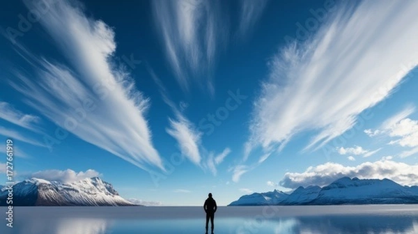 Obraz Solitude Under Striking Clouds Figure Reflecting in Water With Mountain Backdrop, Iceland,Landscape