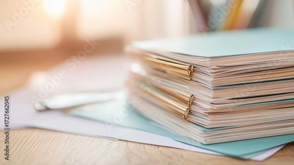 Obraz Stack of teal folders with gold binder clips, paper documents ,organization ,paperwork
